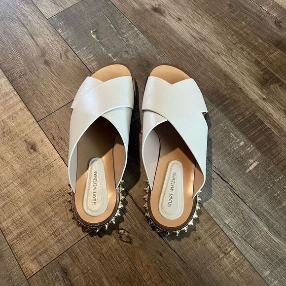 Stuart Weitzman White Sandals with Gold Accents - Picture 1 of 14
